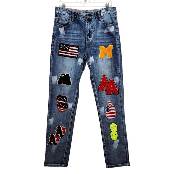 Mens Distressed Blue Denim Jeans With Patchwork & Embroidery Design Size 33